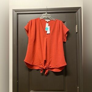 Tie-Front V-Neck Blouse in Burnt Orange